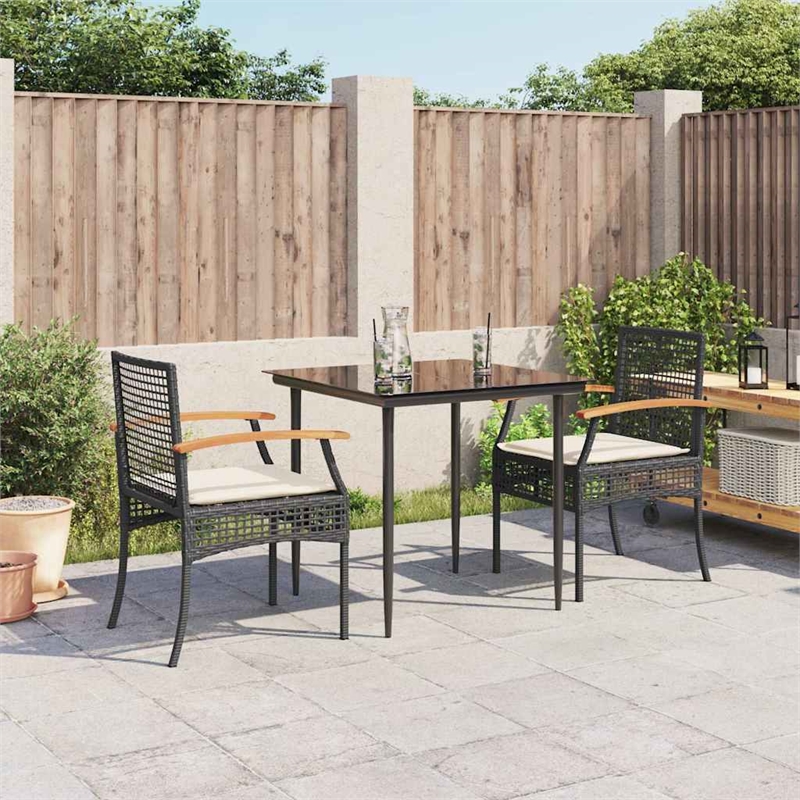 vidaXL 3 Piece Patio Dining Set with Cushions Black Poly Rattan