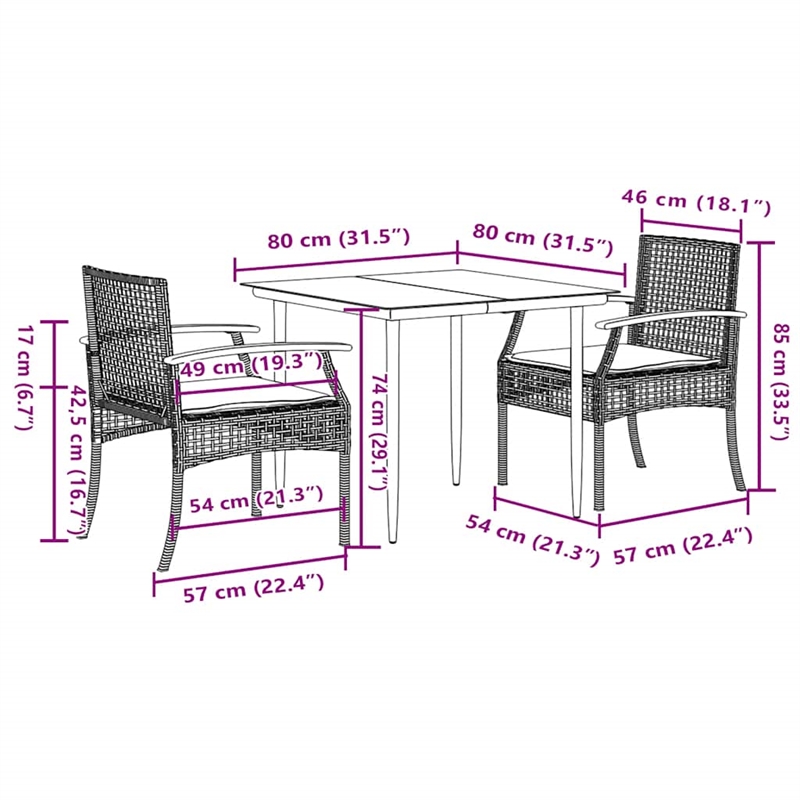 vidaXL 3 Piece Patio Dining Set with Cushions Black Poly Rattan
