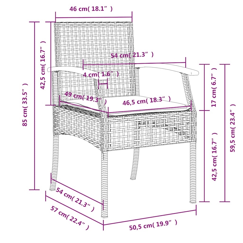 vidaXL 3 Piece Patio Dining Set with Cushions Black Poly Rattan