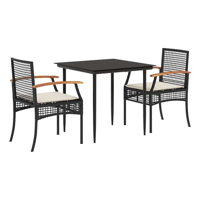 vidaXL 3 Piece Patio Dining Set with Cushions Black Poly Rattan