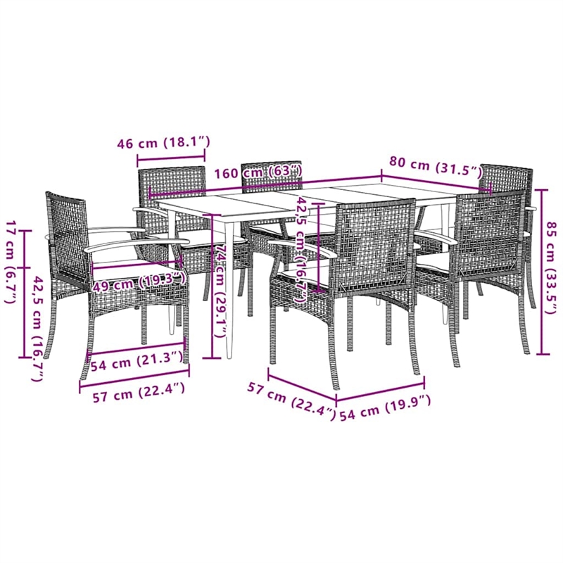 vidaXL 7 Piece Patio Dining Set with Cushions Black Poly Rattan
