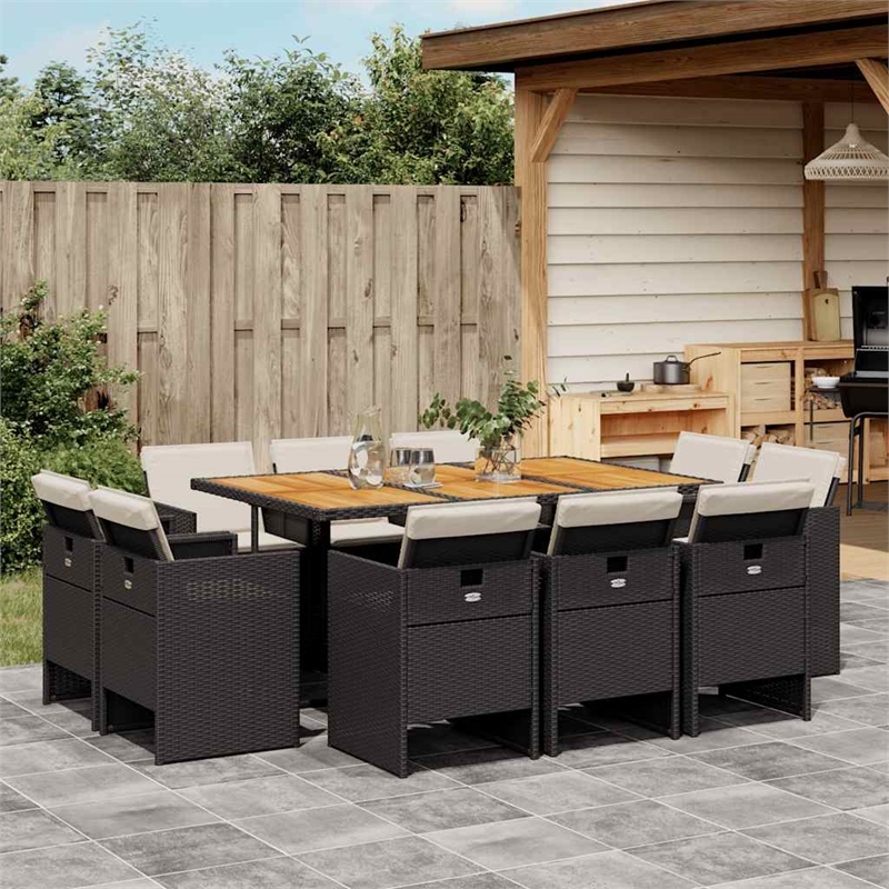vidaXL 11 Piece Patio Dining Set with Cushions Black Poly Rattan