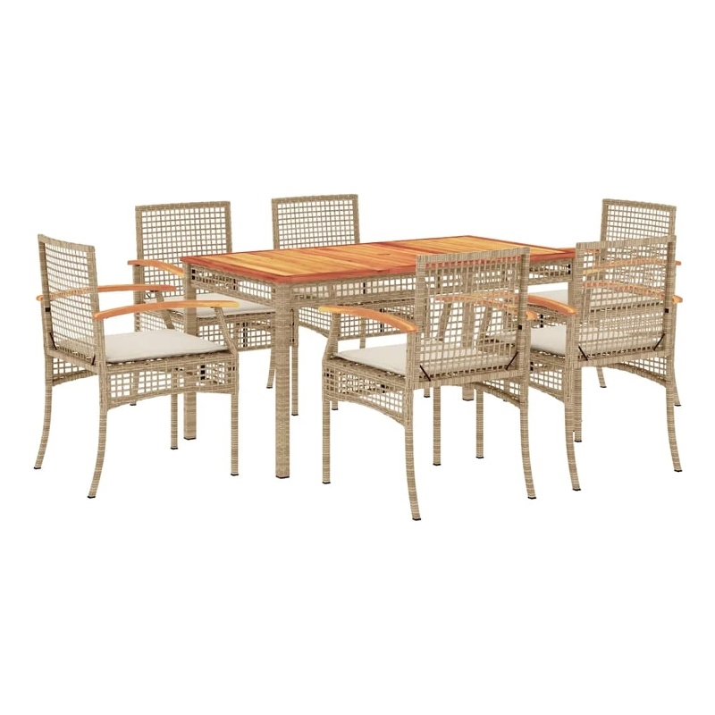 vidaXL 7 Piece Patio Dining Set with Cushions Beige Poly Rattan
