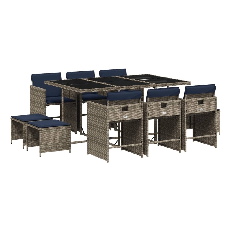 vidaXL 11 Piece Garden Dining Set with Cushions Grey Poly Rattan