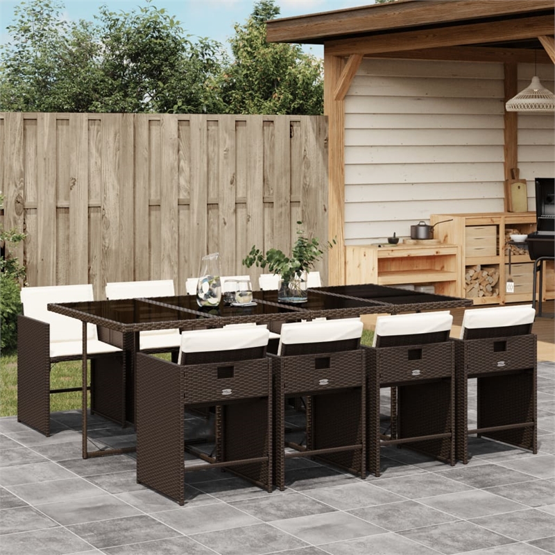 vidaXL 9 Piece Patio Dining Set with Cushions Brown Poly Rattan
