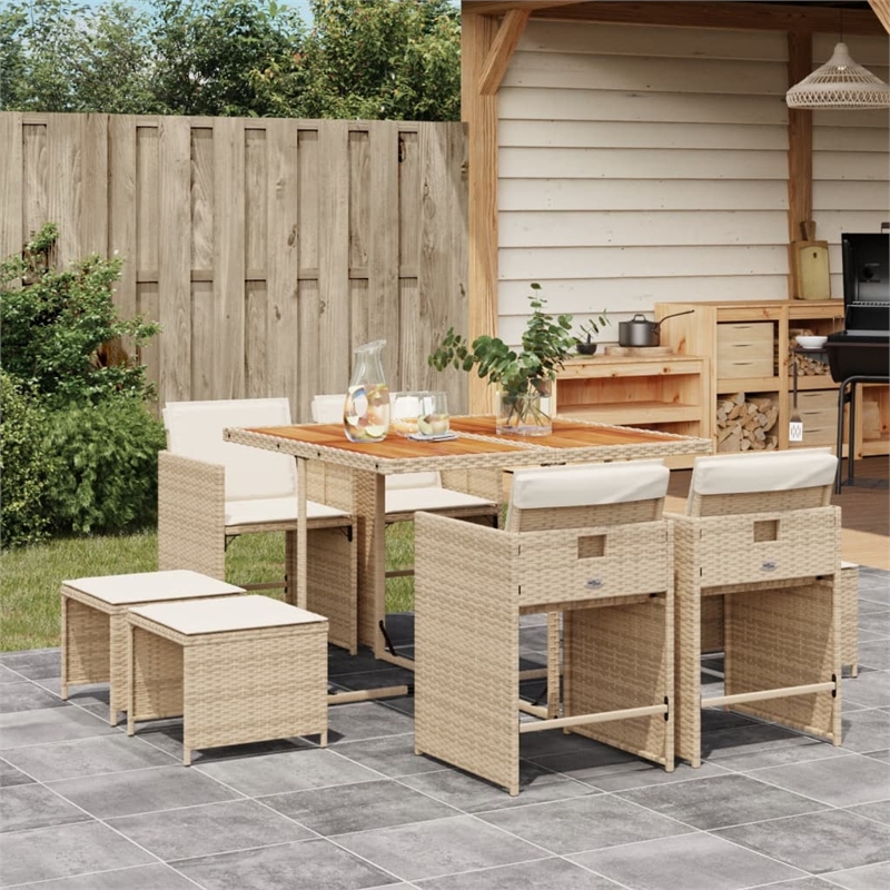 vidaXL 9 Piece Patio Dining Set with Cushions Beige Poly Rattan
