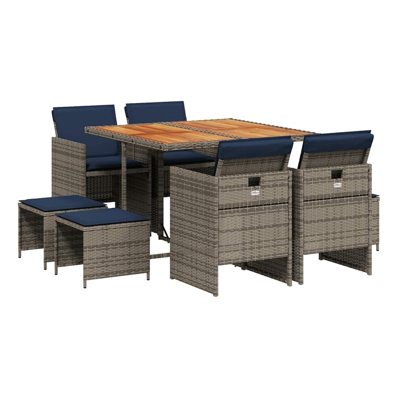vidaXL 9 Piece Garden Dining Set with Cushions Grey Poly Rattan