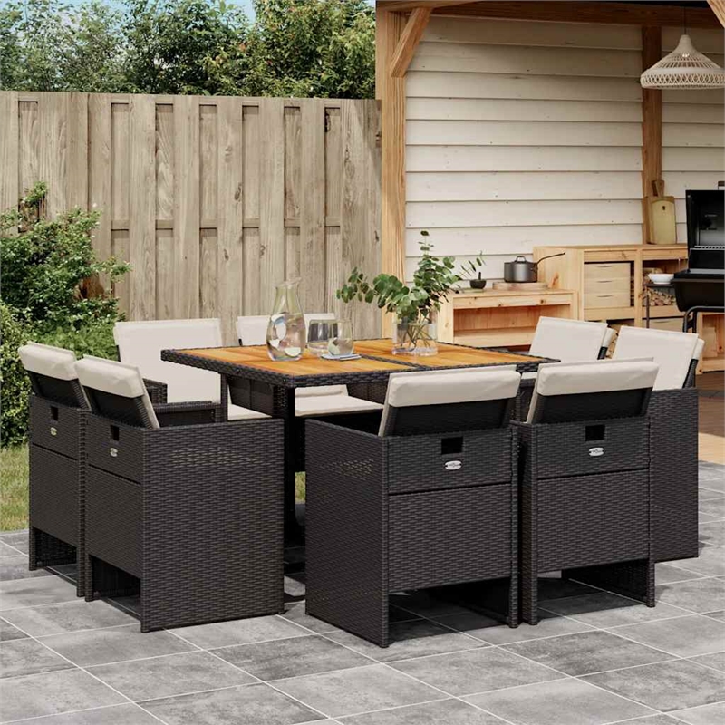 vidaXL 9 Piece Patio Dining Set with Cushions Black Poly Rattan