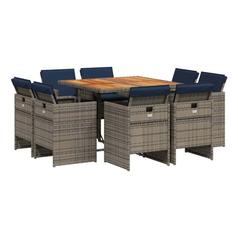 vidaXL 9 Piece Garden Dining Set with Cushions Grey Poly Rattan