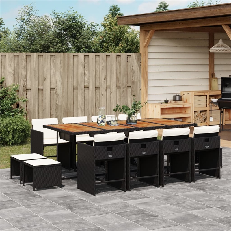 vidaXL 13 Piece Patio Dining Set with Cushions Black Poly Rattan