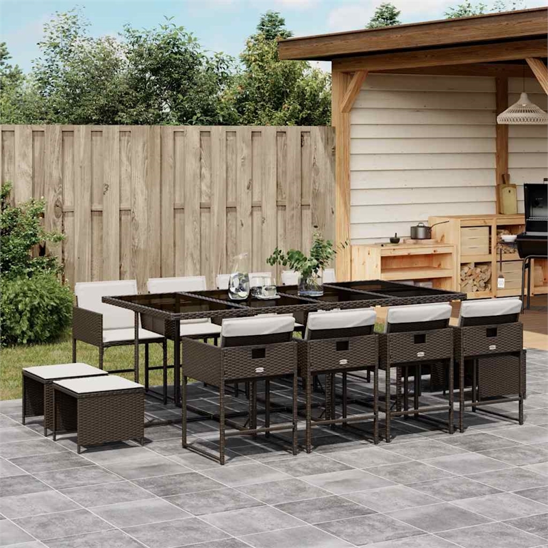 vidaXL 13 Piece Patio Dining Set with Cushions Brown Poly Rattan