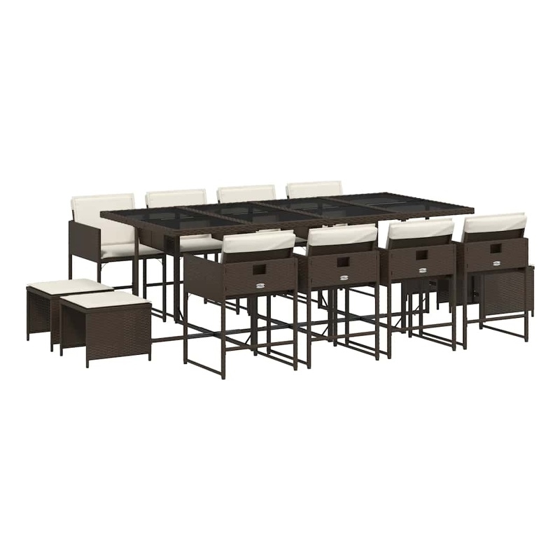 vidaXL 13 Piece Patio Dining Set with Cushions Brown Poly Rattan