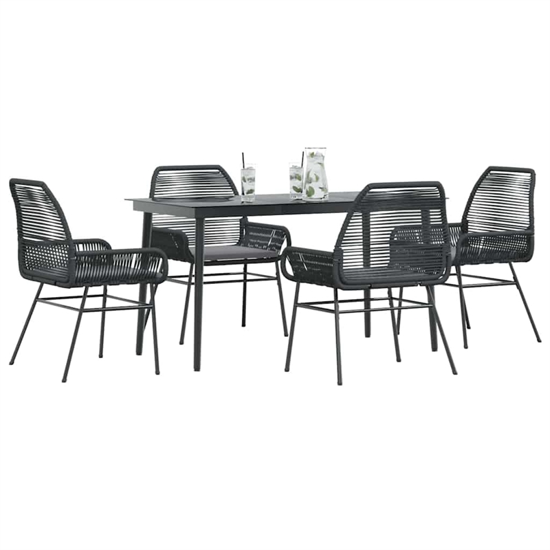 vidaXL 5 Piece Patio Dining Set with Cushions Black Poly Rattan Glass