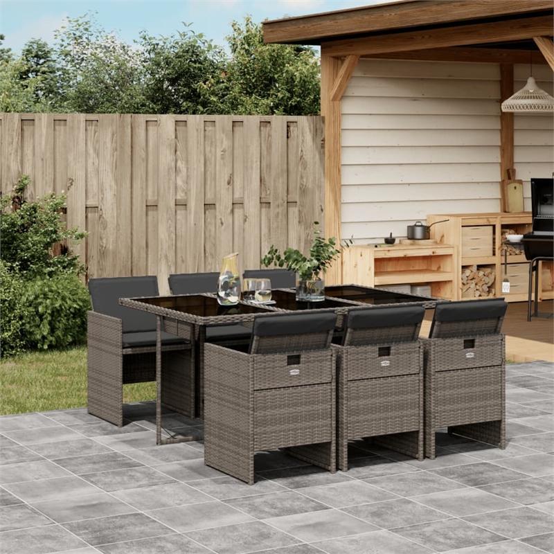 vidaXL 7 Piece Patio Dining Set with Cushions Gray Poly Rattan