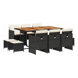 vidaXL 11 Piece Patio Dining Set with Cushions Black Poly Rattan