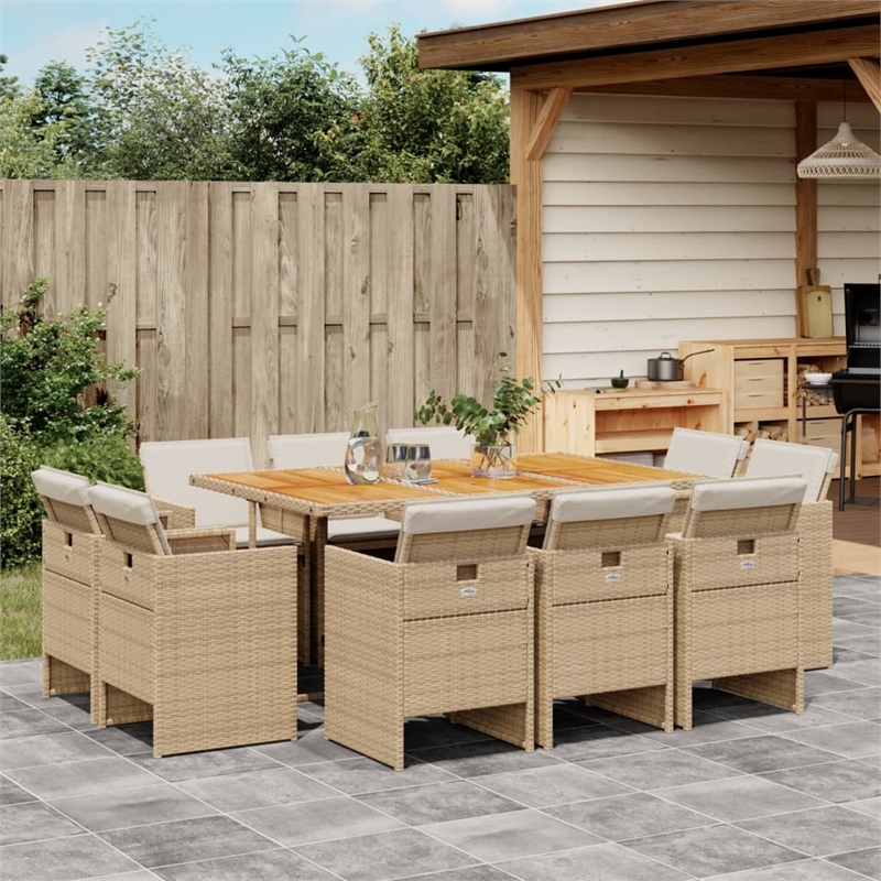 vidaXL 11 Piece Patio Dining Set with Cushions Beige Poly Rattan