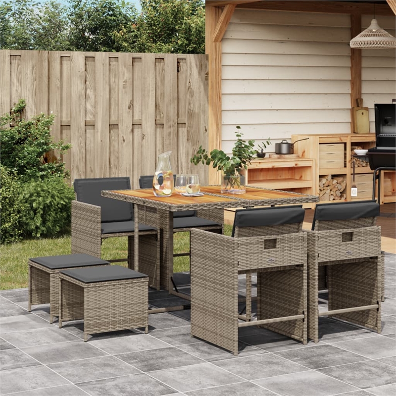 vidaXL 9 Piece Patio Dining Set with Cushions Gray Poly Rattan