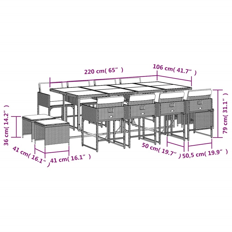 vidaXL 13 Piece Patio Dining Set with Cushions Beige Poly Rattan