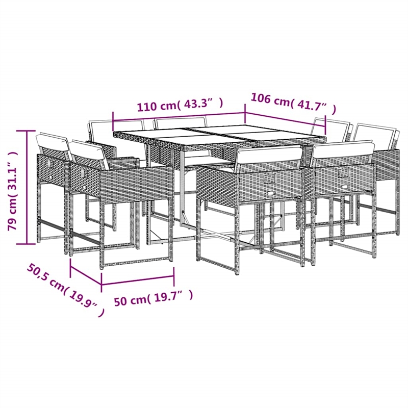 vidaXL 9 Piece Patio Dining Set with Cushions Gray Poly Rattan