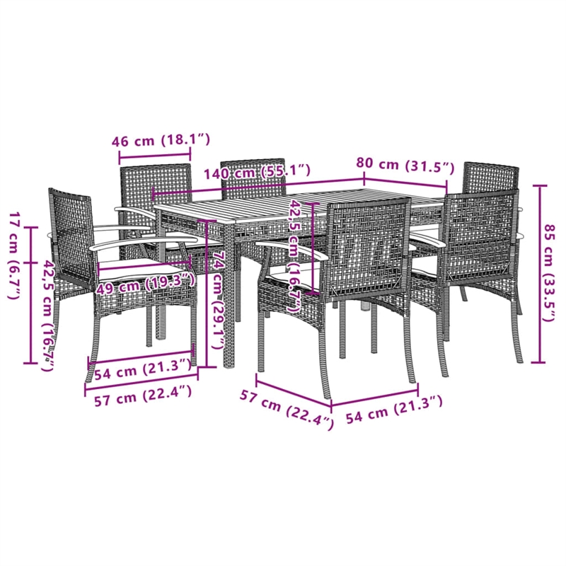 vidaXL 7 Piece Patio Dining Set with Cushions Gray Poly Rattan