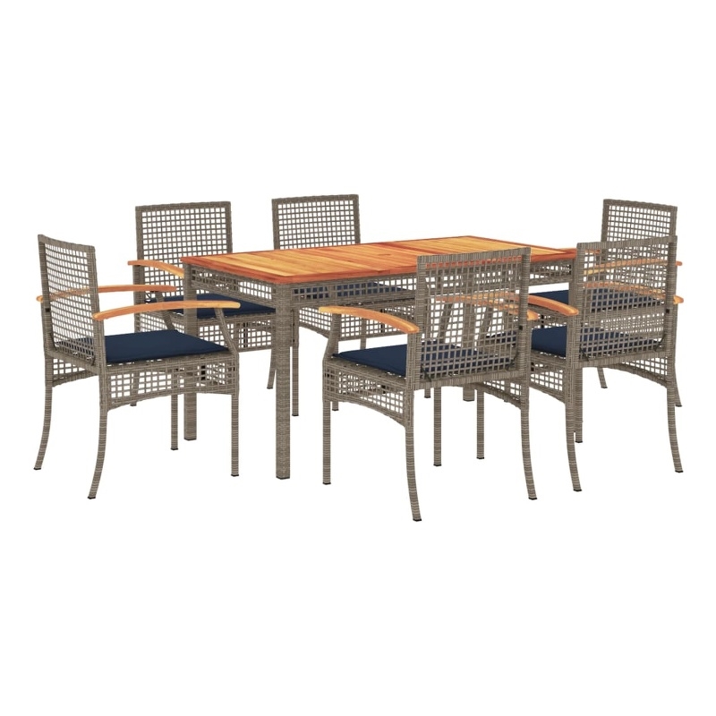 vidaXL 7 Piece Patio Dining Set with Cushions Gray Poly Rattan