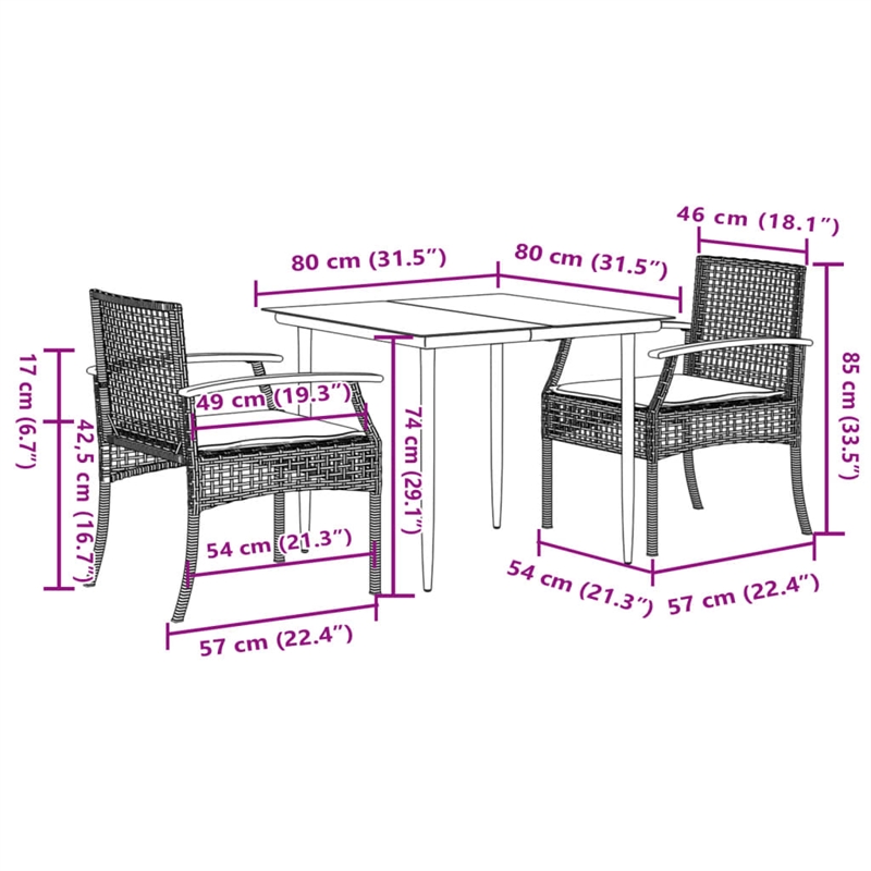 vidaXL 3 Piece Patio Dining Set with Cushions Gray Poly Rattan