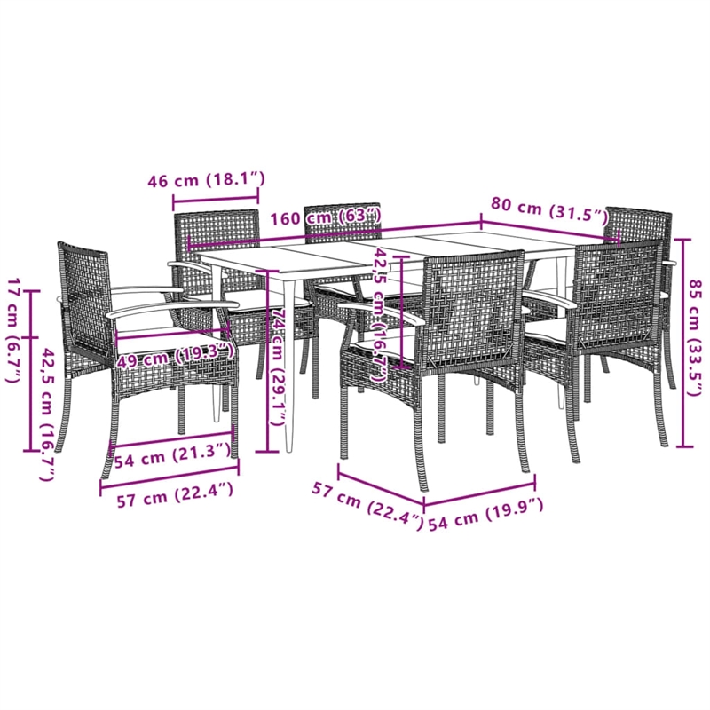 vidaXL 7 Piece Patio Dining Set with Cushions Gray Poly Rattan