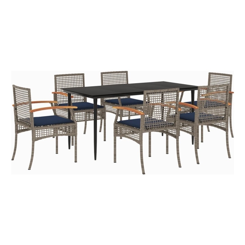 vidaXL 7 Piece Patio Dining Set with Cushions Gray Poly Rattan