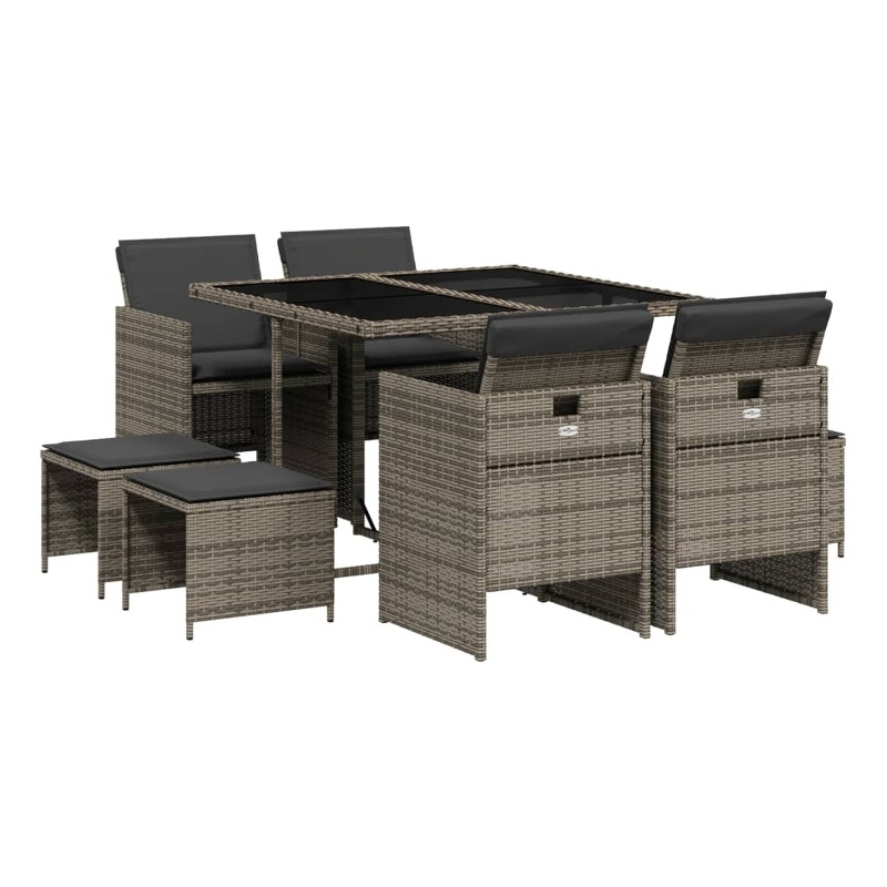 vidaXL 9 Piece Patio Dining Set with Cushions Gray Poly Rattan