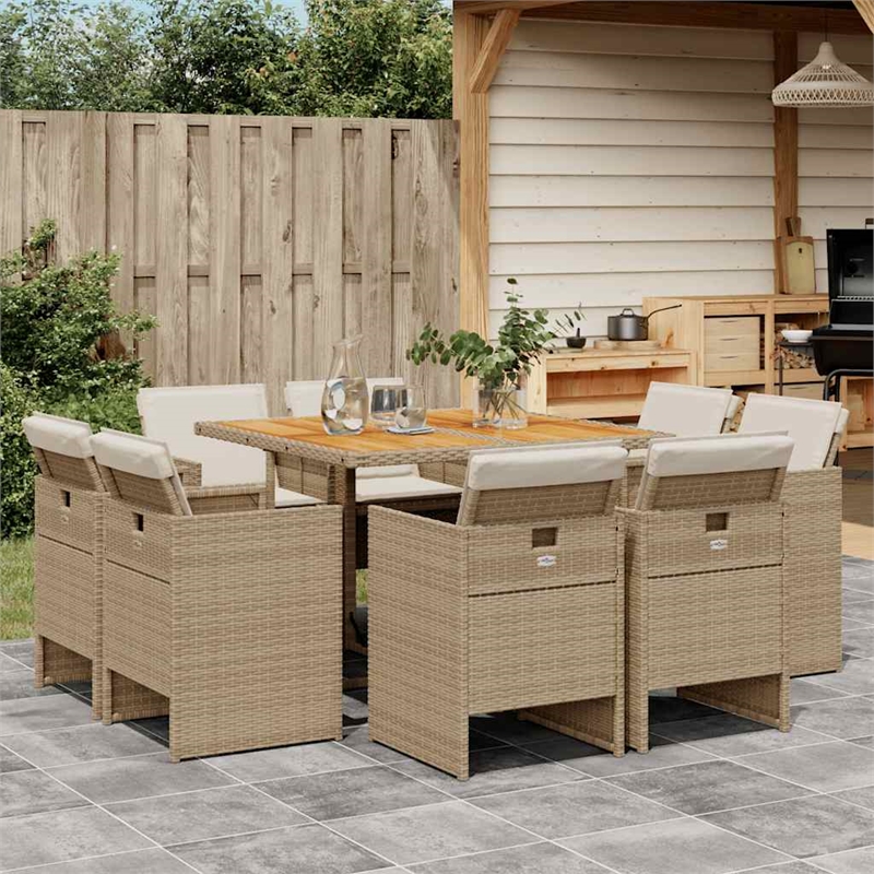 vidaXL 9 Piece Patio Dining Set with Cushions Beige Poly Rattan