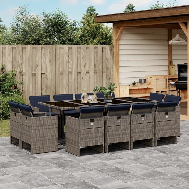 vidaXL 13 Piece Garden Dining Set with Cushions Grey Poly Rattan