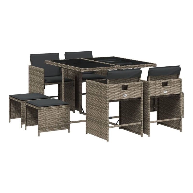 vidaXL 9 Piece Patio Dining Set with Cushions Gray Poly Rattan