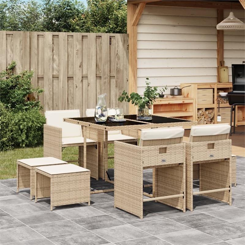 vidaXL 9 Piece Patio Dining Set with Cushions Beige Poly Rattan