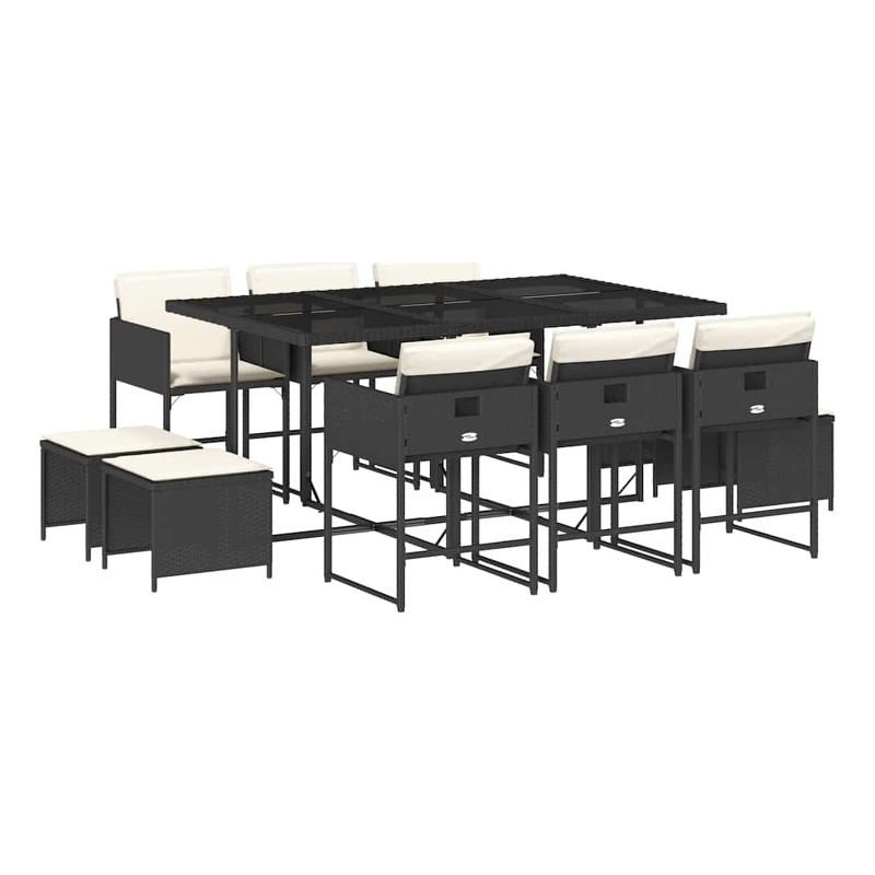 vidaXL 11 Piece Patio Dining Set with Cushions Black Poly Rattan