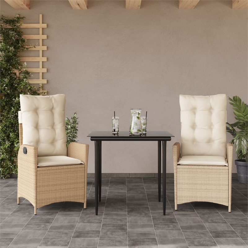 vidaXL 3 Piece Patio Dining Set with Cushions Beige Poly Rattan