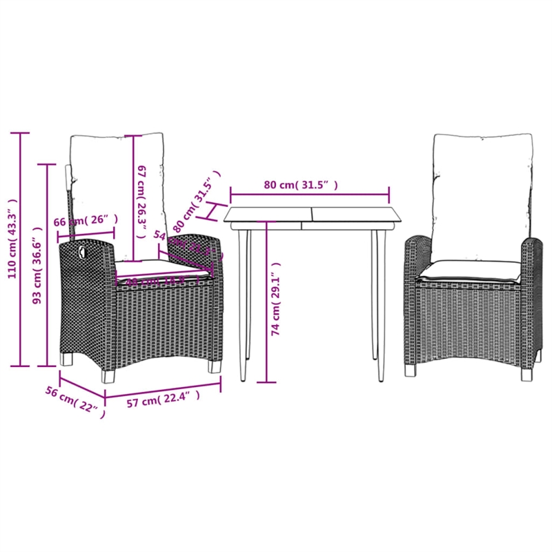 vidaXL 3 Piece Patio Dining Set with Cushions Brown Poly Rattan