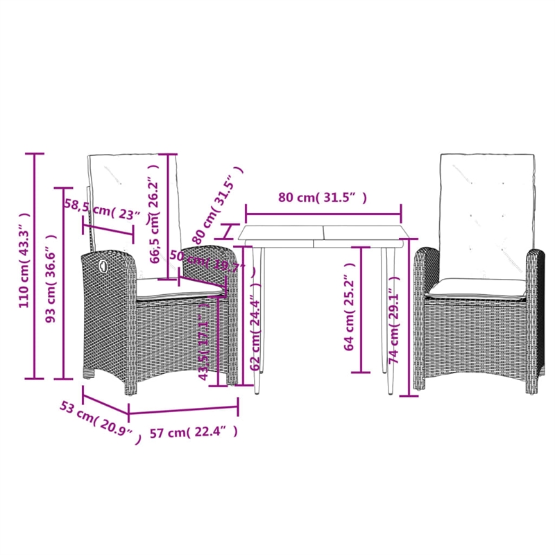 vidaXL 3 Piece Patio Dining Set with Cushions Beige Poly Rattan