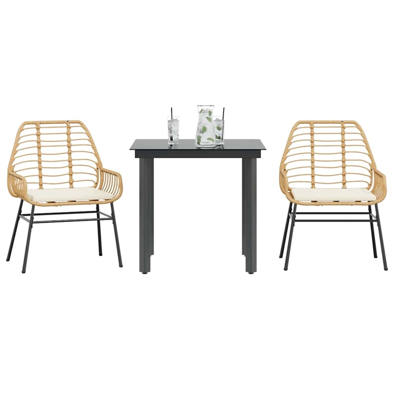 vidaXL 3 Piece Patio Dining Set with Cushions Brown Poly Rattan Glass