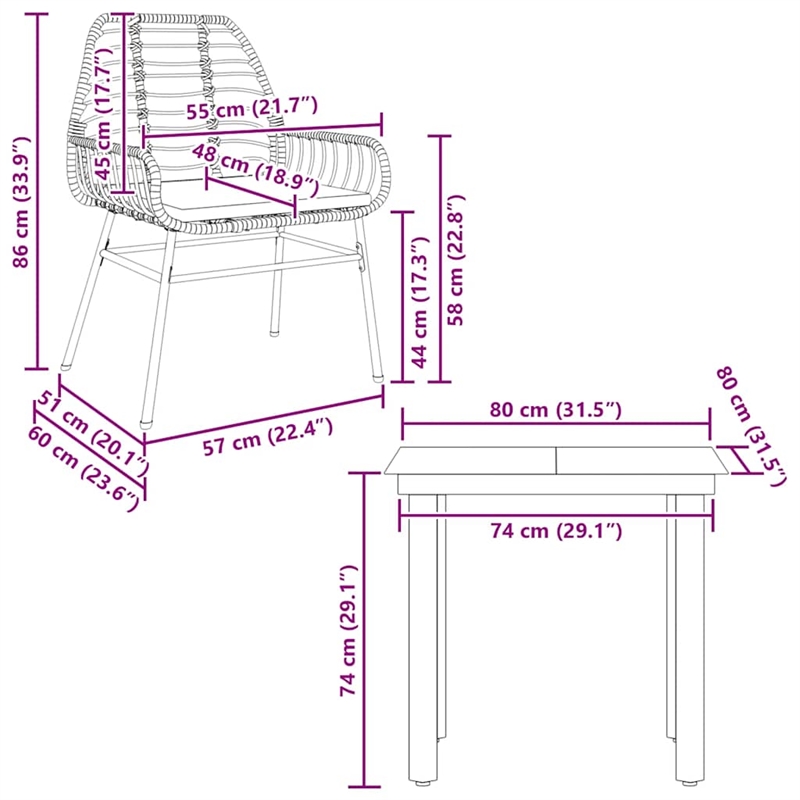 vidaXL 3 Piece Patio Dining Set with Cushions Brown Poly Rattan Glass