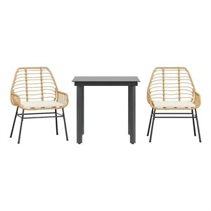 vidaXL 3 Piece Patio Dining Set with Cushions Brown Poly Rattan Glass