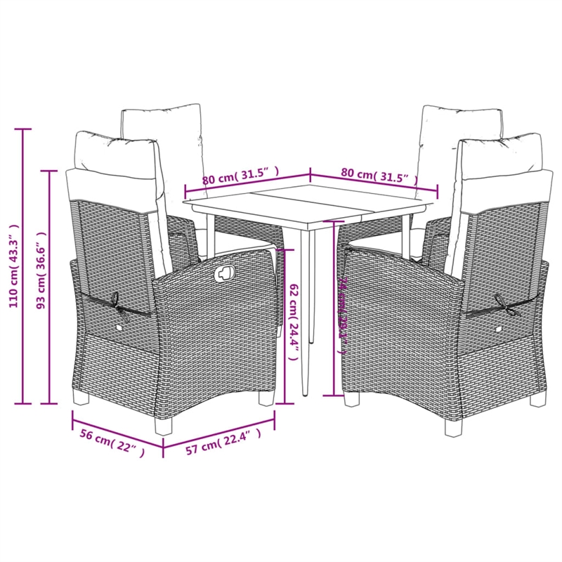 vidaXL 5 Piece Patio Dining Set with Cushions Brown Poly Rattan