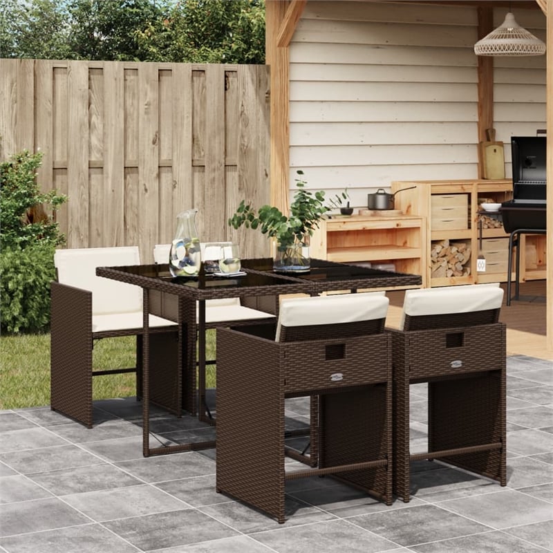 vidaXL 5 Piece Patio Dining Set with Cushions Brown Poly Rattan