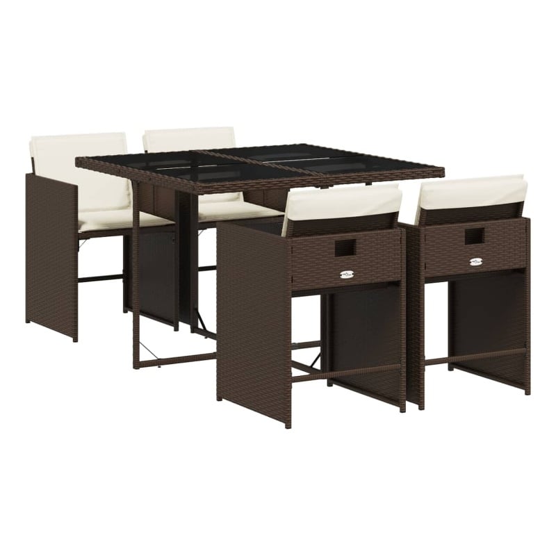 vidaXL 5 Piece Patio Dining Set with Cushions Brown Poly Rattan