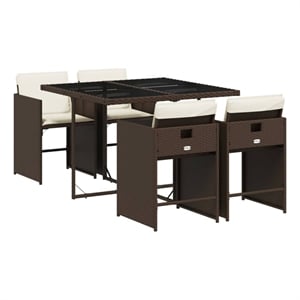 vidaXL 5 Piece Patio Dining Set with Cushions Brown Poly Rattan
