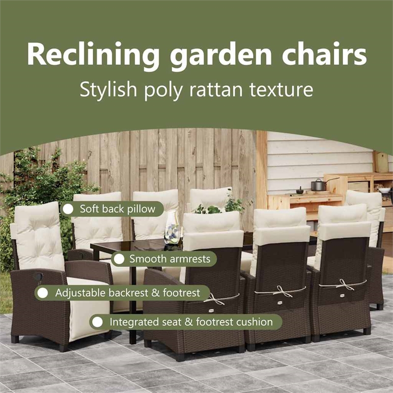 vidaXL Garden Dining Set 9 pcs Brown Poly Rattan