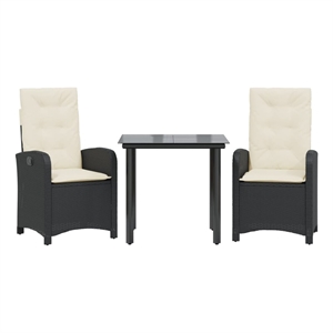 vidaXL 3 Piece Patio Dining Set with Cushions Black Poly Rattan