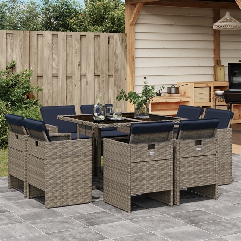 vidaXL 9 Piece Garden Dining Set with Cushions Grey Poly Rattan