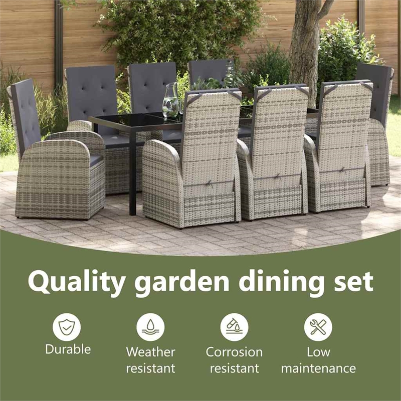 vidaXL Garden Dining Set 9 pcs Grey Poly Rattan