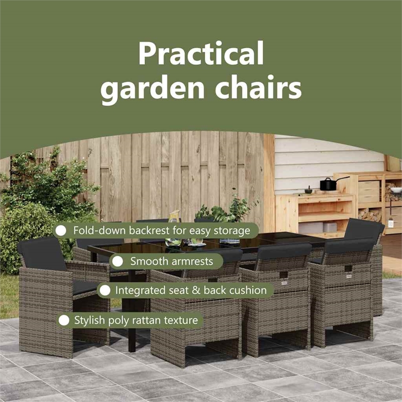 vidaXL Garden Dining Set 9 pcs Grey Poly Rattan