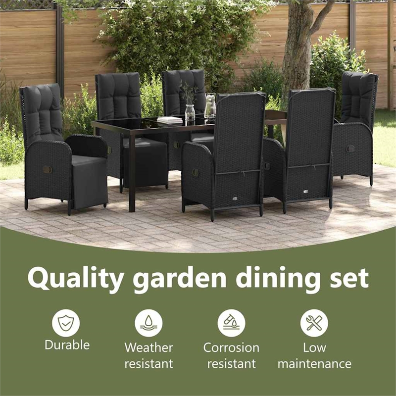 vidaXL Garden Dining Set 7 pcs Black Poly Rattan